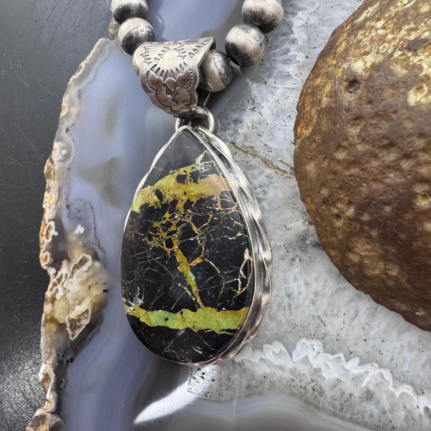 Native American Sterling Silver Teardrop Black Jack Decorated Pendant For Women