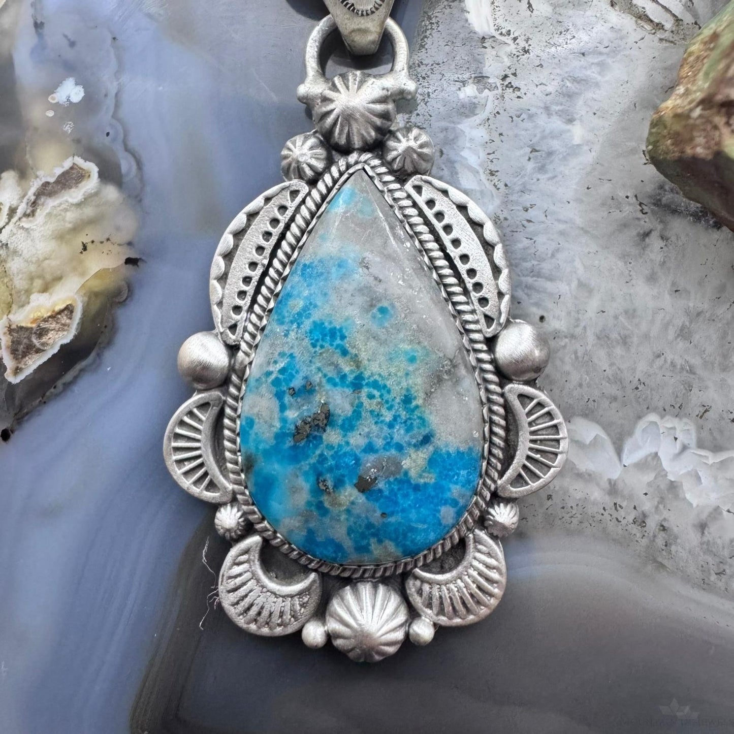 Sterling Silver Southwestern Style Teardrop Iranian Turquoise Decorated Pendant For Women