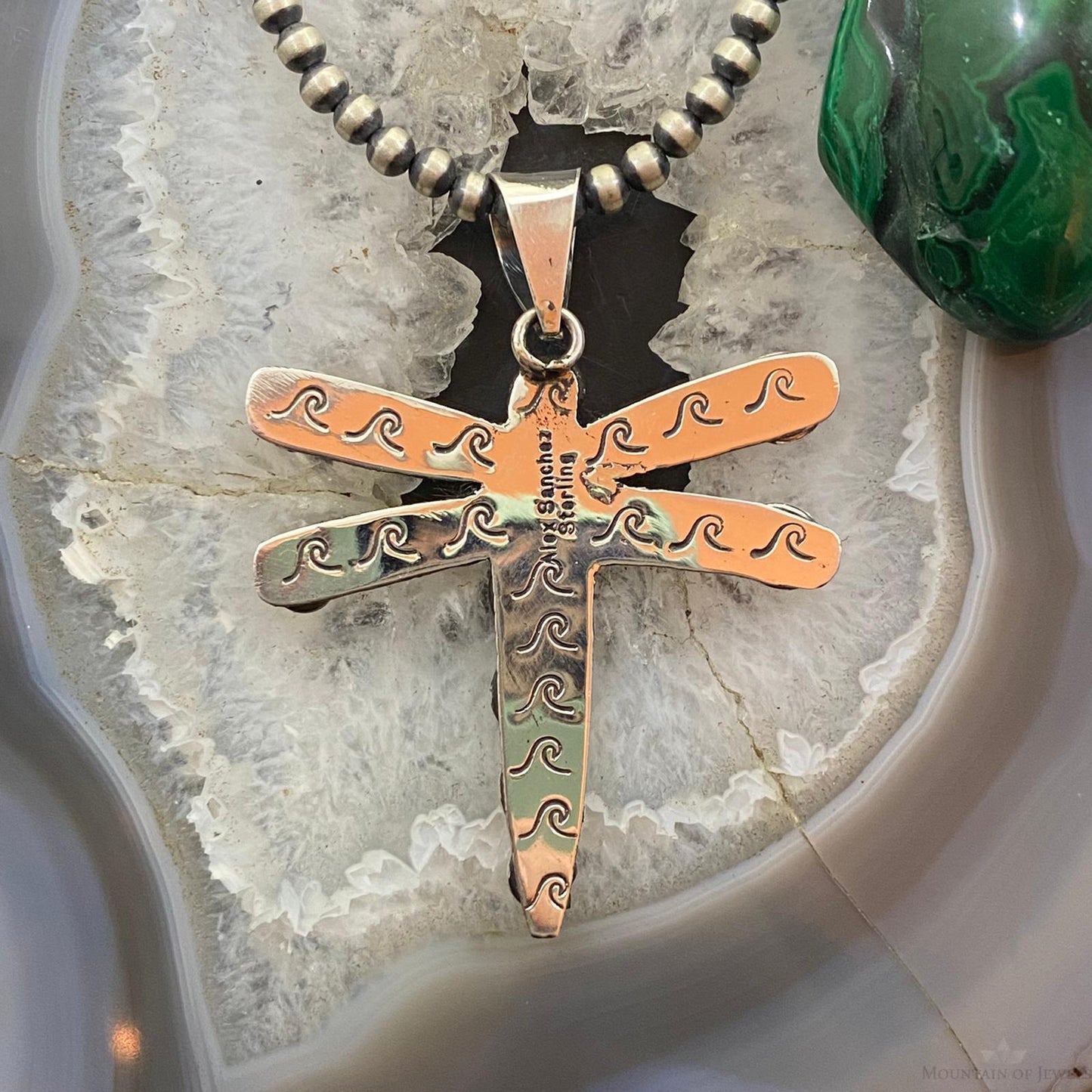 Alex Sanchez Sterling Silver Petroglyph & Coral Dragonfly Unisex Pendant #4