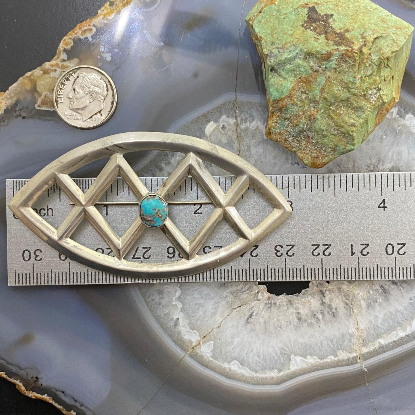 Silver Native American Turquoise Sandcast Brooch