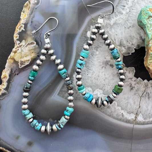 Sterling Silver Southwestern Style Navajo Pearl & Turquoise Bead Hoop Earrings For Women