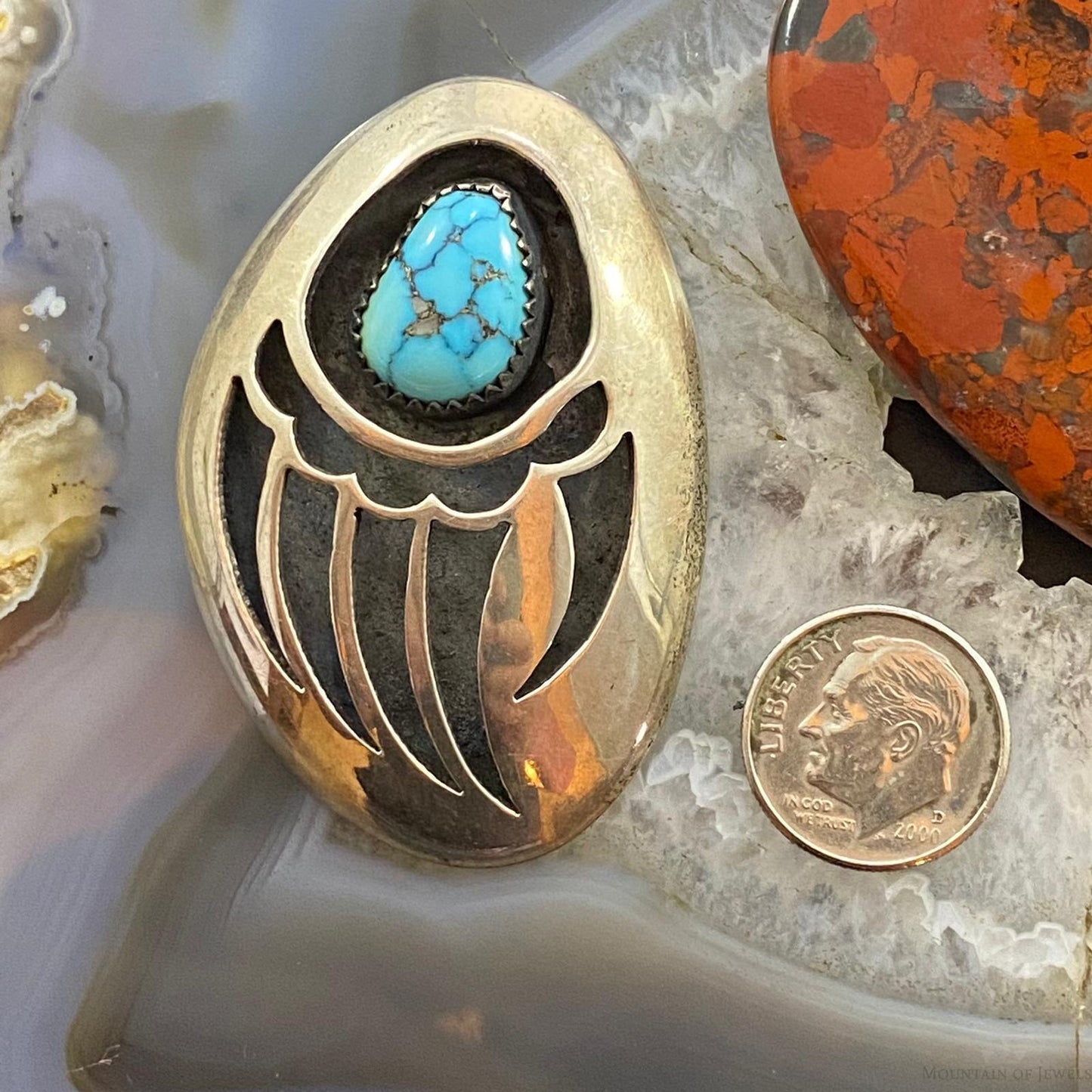 Vintage Native American Silver Turquoise Shadowbox Bear Claw Brooch For Women