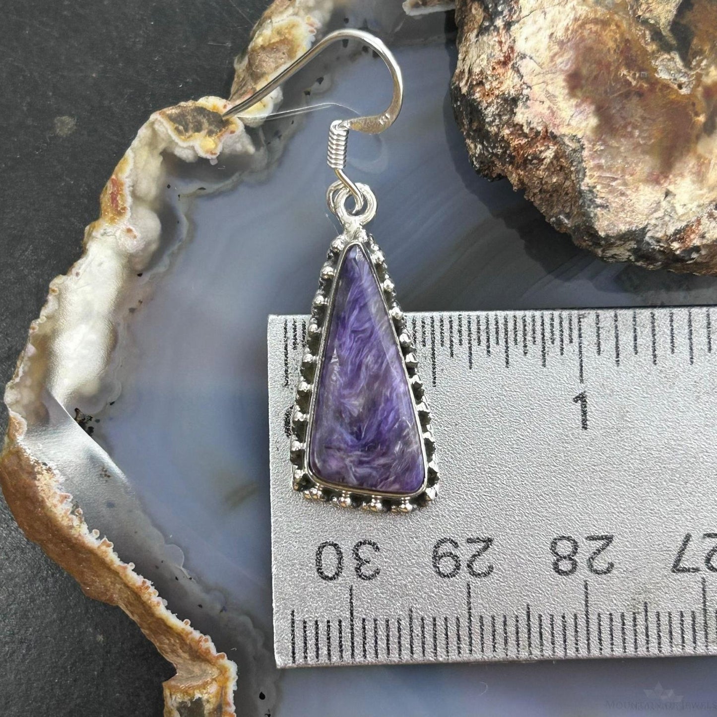 Sterling Silver Southwestern Style Triangle Charoite Dangle Earrings For Women