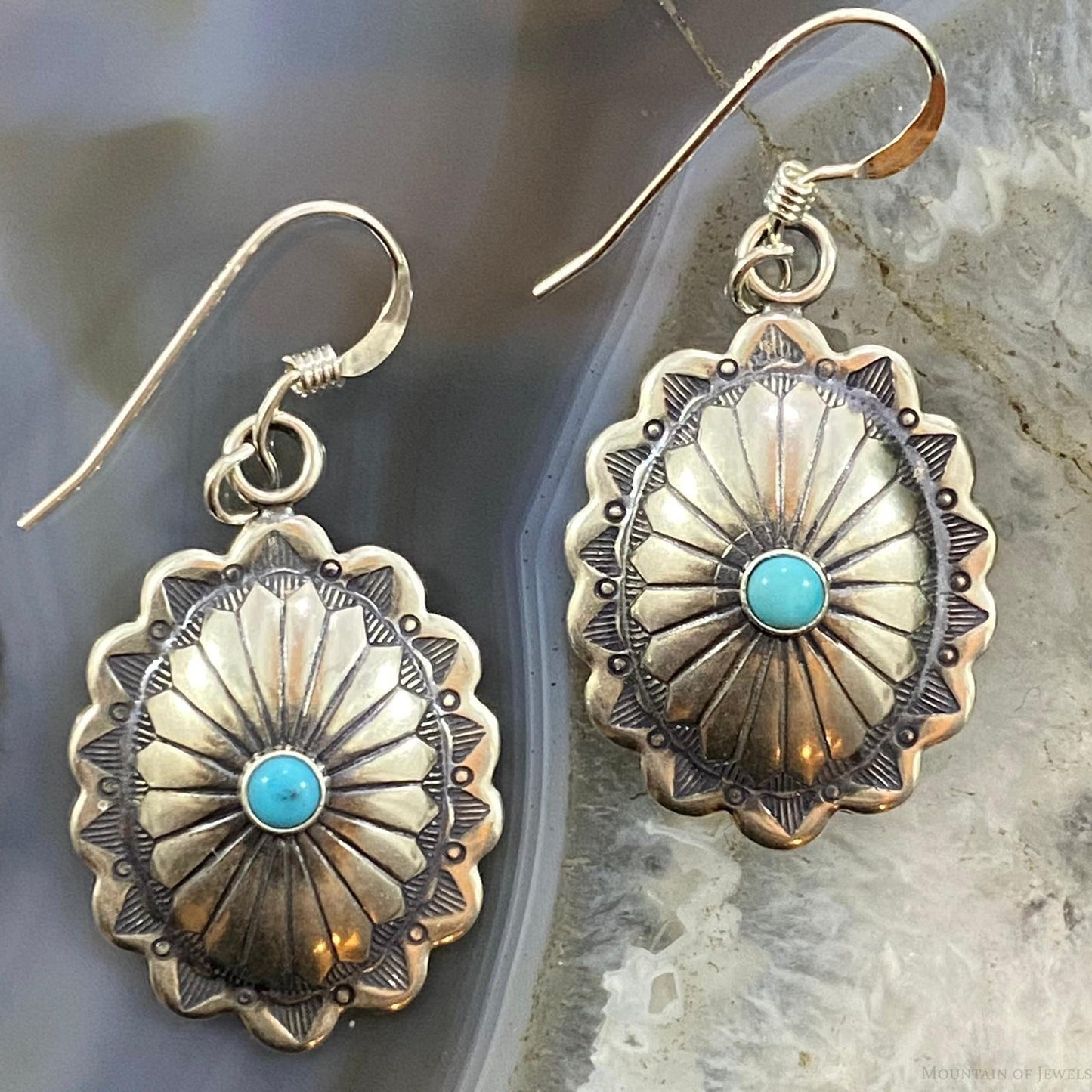 Native American Sterling Silver Turquoise Dot Stamped Concho Dangle Earrings For Women