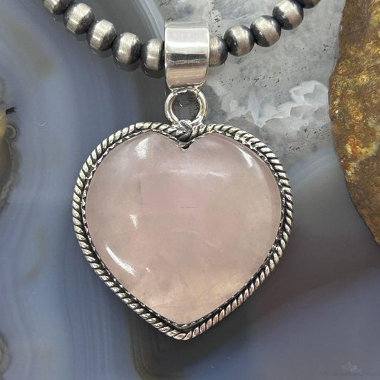 Sterling Silver Southwestern Style Rose Quartz Heart Pendant For Women #1