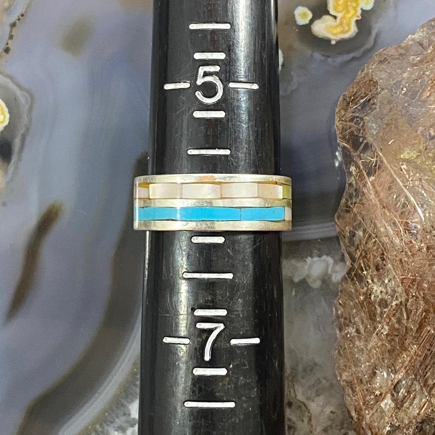 Native American Sterling Silver Turquoise & MOP Inlay Band Size 6 For Women