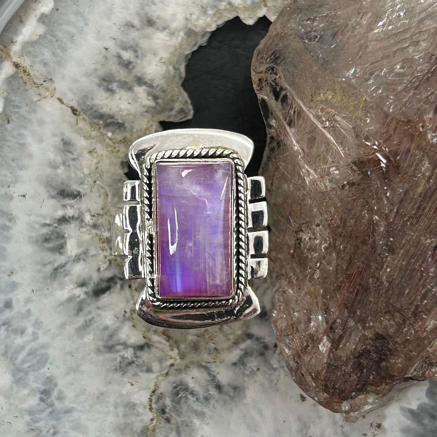 Sterling Silver Southwestern Style Pink Rainbow Decorated Bar Ring Size 7.75 For Women