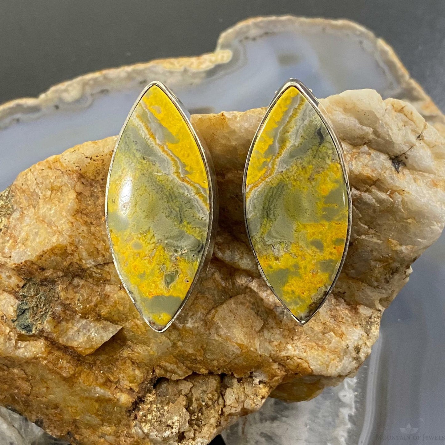 Native American Sterling Silver Marquise Bumblebee Jasper Post Earrings