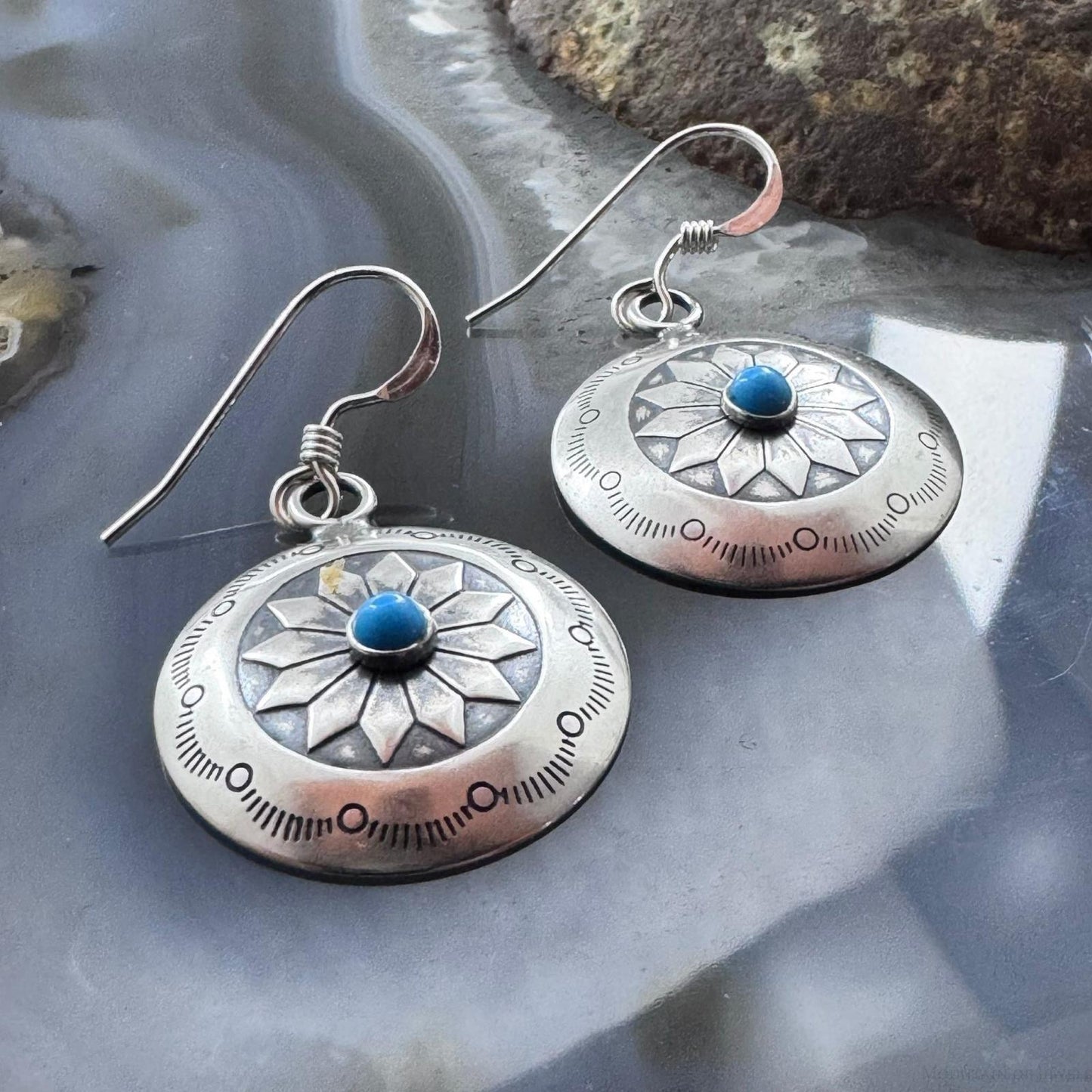 Native American Sterling Silver Turquoise Dot Stamped Concho Dangle Earrings For Women