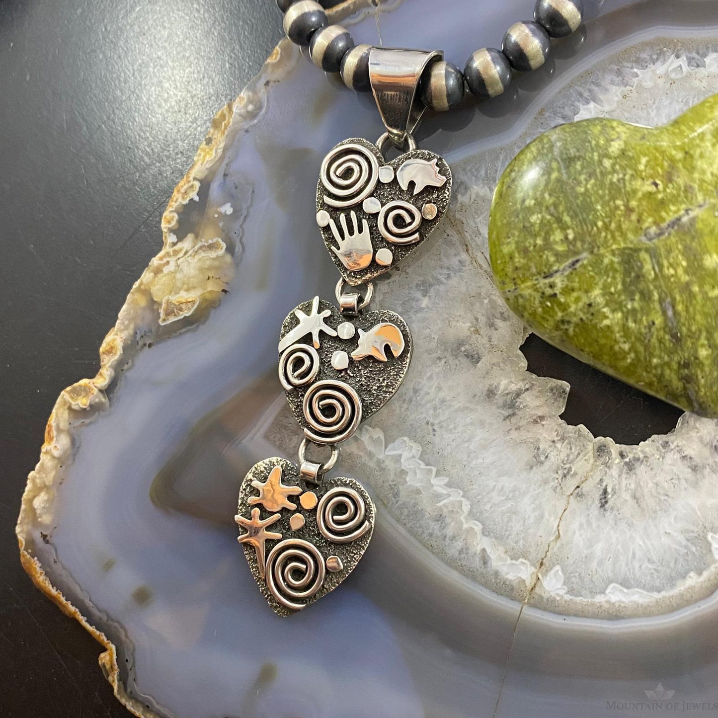 Alex Sanchez Native American Sterling Silver Petroglyph Triple Heart Pendant For Women