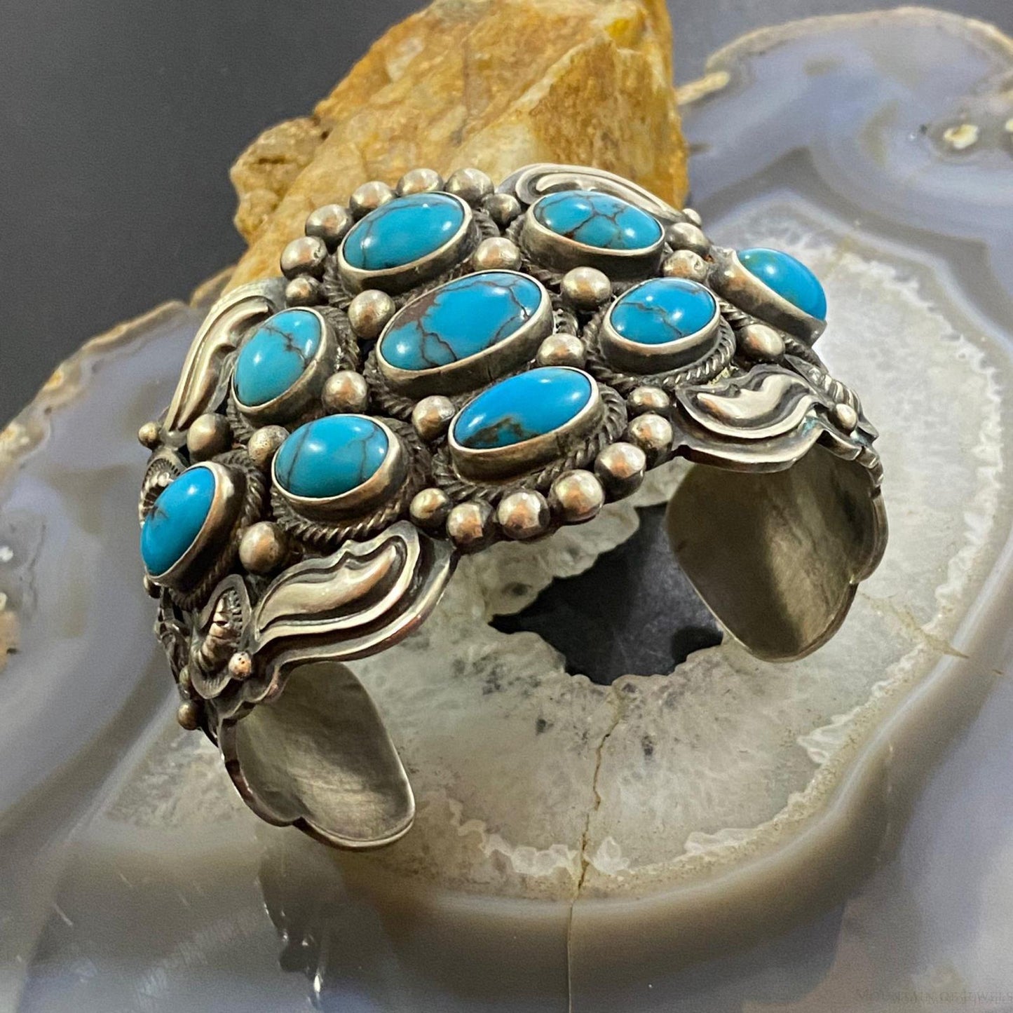 Paul Livingston Native American Sterling Silver Turquoise Decorated Bracelet For Women