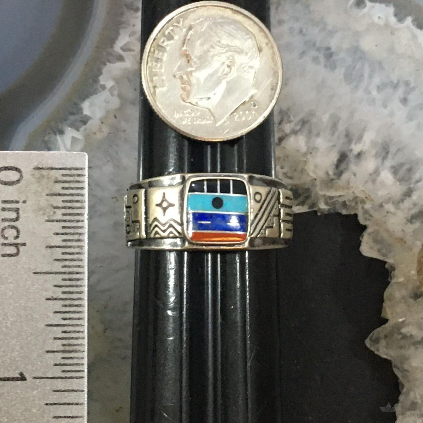 Carolyn Pollack Southwestern Style Sterling Silver Square Multistone Inlay Decorated Band Ring For Women
