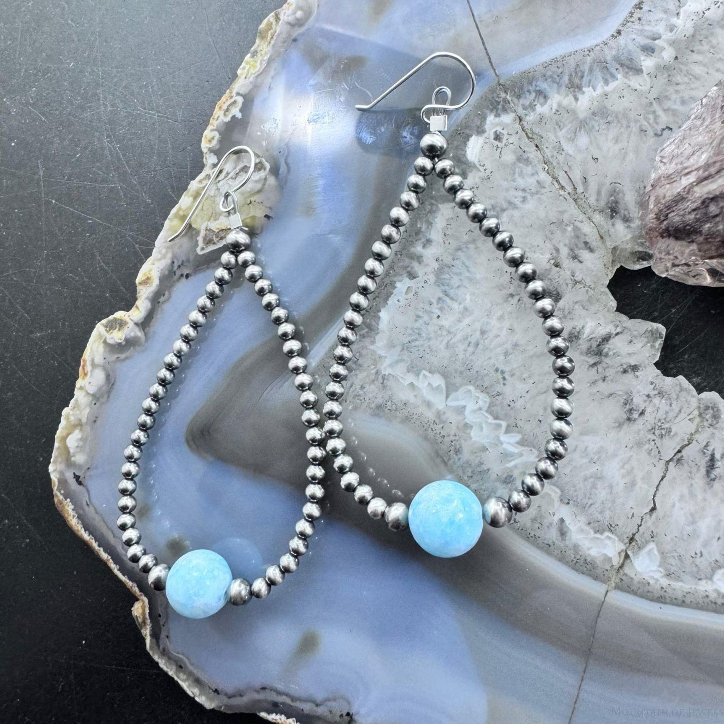 Native American Sterling Silver Navajo Beads with Larimar Bead Hoop Earrings For Women
