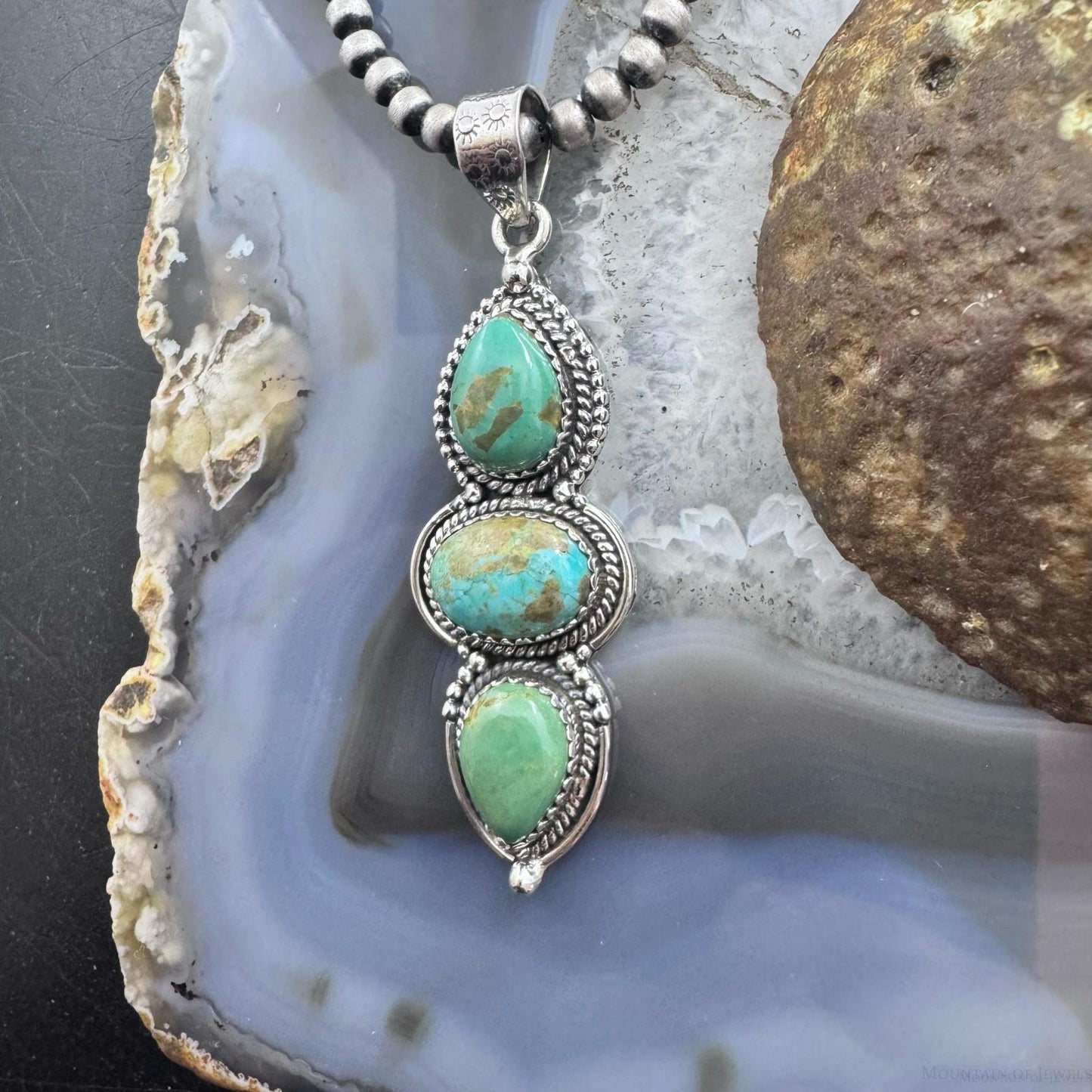 Sterling Silver Southwestern Style 3 Turquoise Decorated Pendant For Women