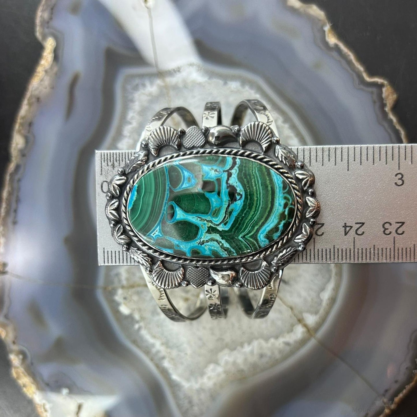 Sterling Silver Southwestern Style Large Oval Azurite Malachite Bracelet For Women