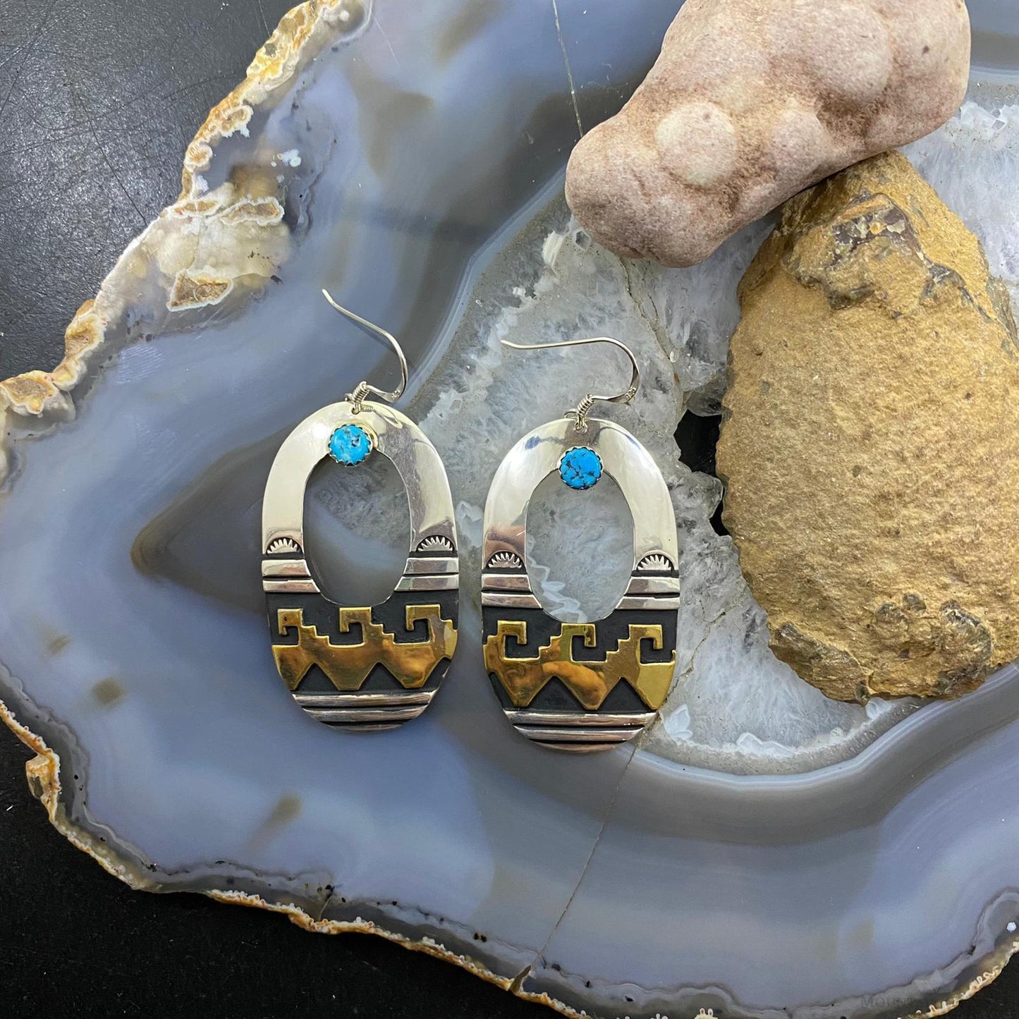 Rosita Singer Sterling Silver & GF w/Turquoise Overlay Oval Dangle Earrings