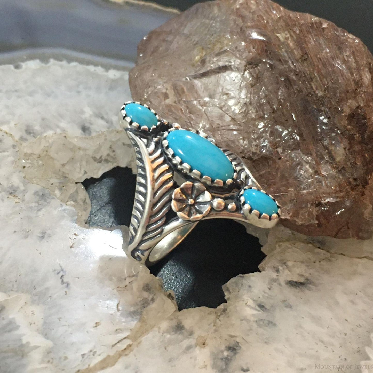 Carolyn Pollack Sterling Silver 3 Sleeping Beauty Turquoise Decorated Ring For Women