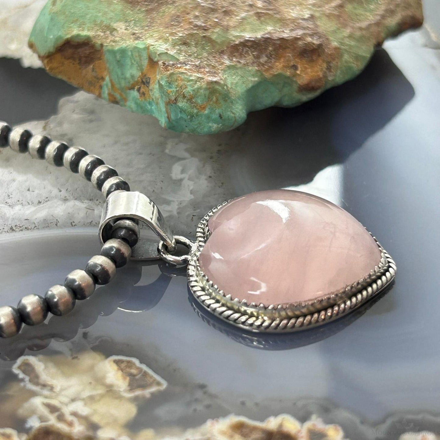 Sterling Silver Southwestern Style Rose Quartz Heart Pendant For Women