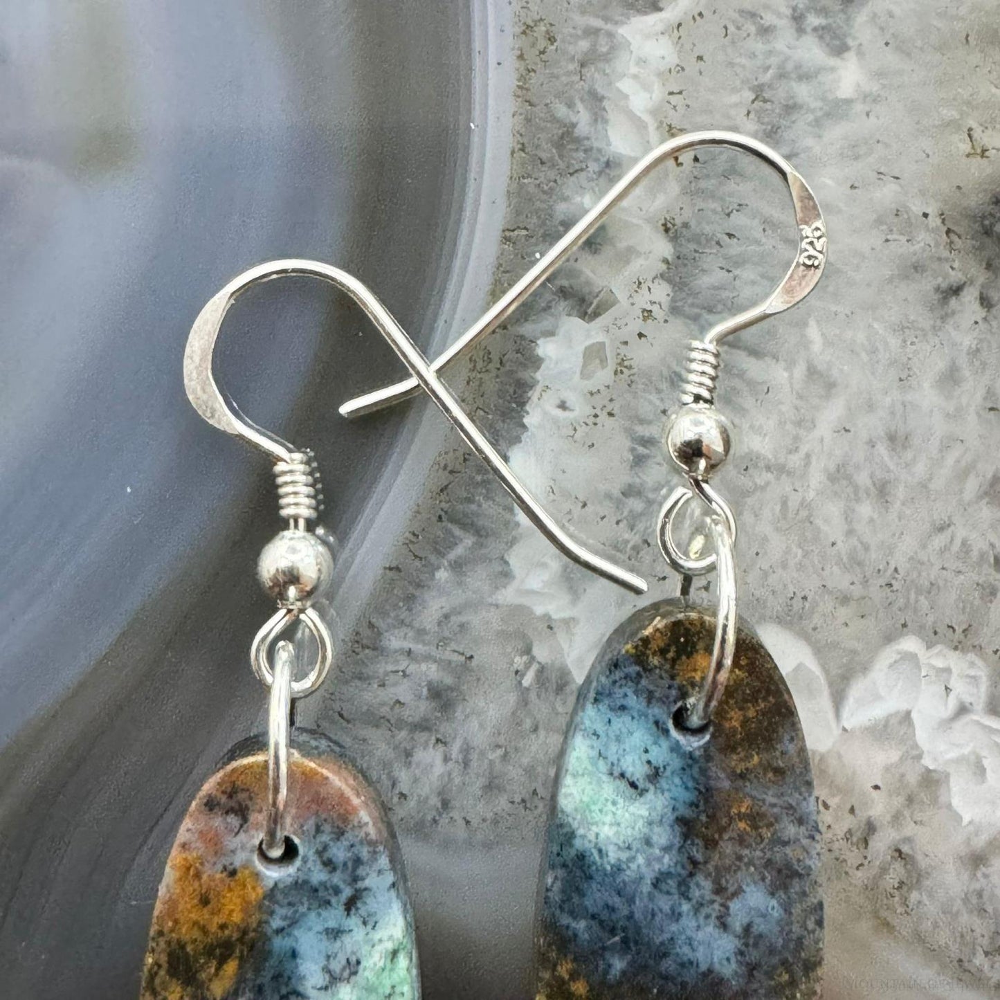 Sterling Silver Elongated Oval Chrysocolla Slab Dangle Earrings For Women #354