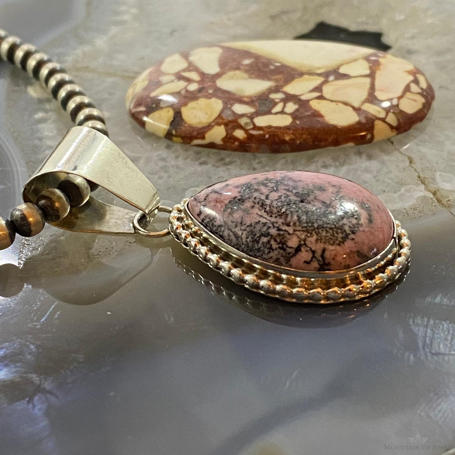 Native American Sterling Silver Rhodonite Teardrop Decorated Pendant For Women