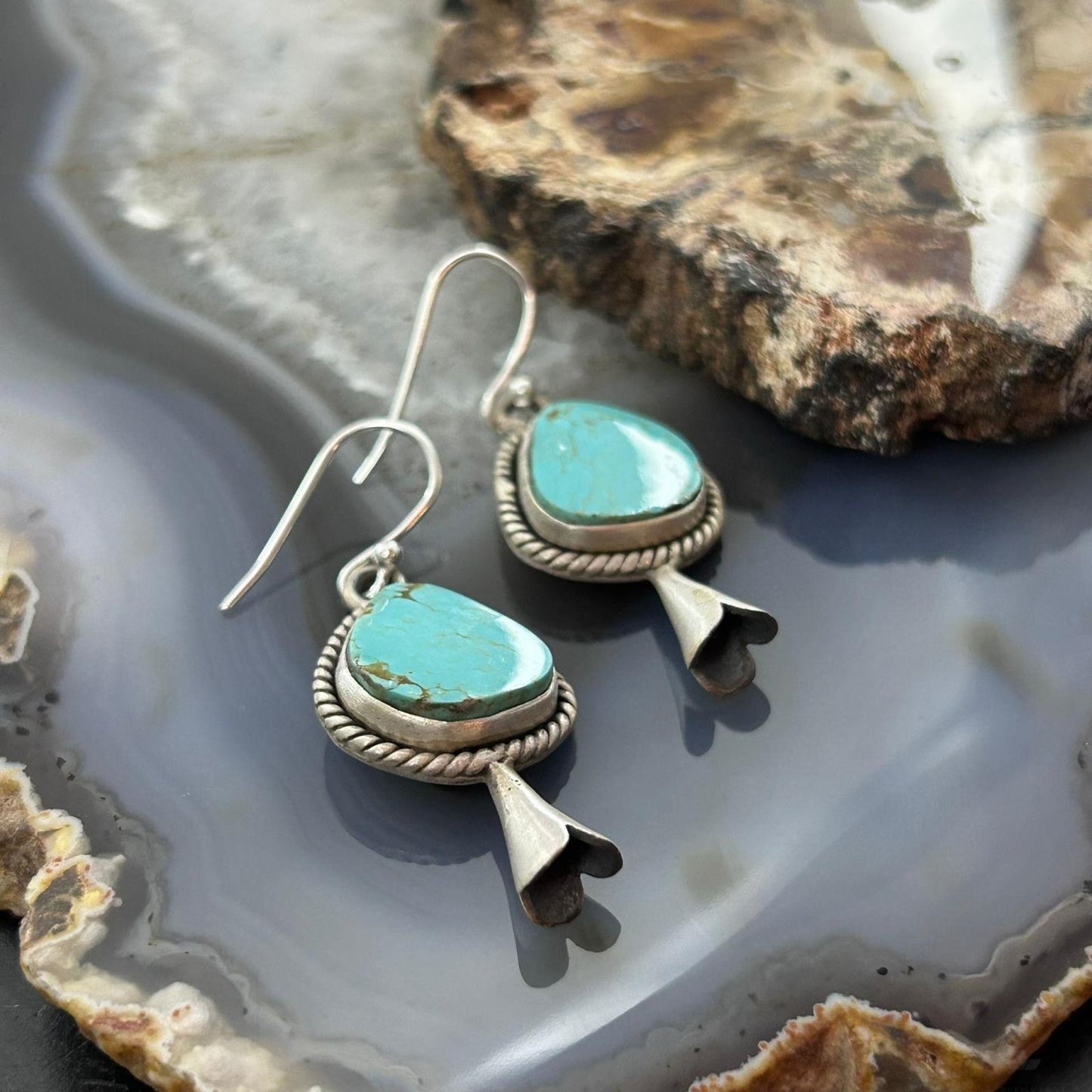 Sterling Silver Southwestern Style Turquoise Squash Blossom Dangle Earrings For Women #4