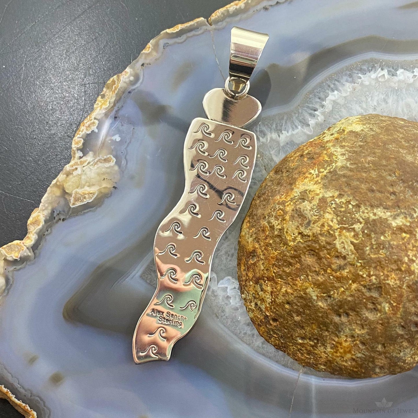 Alex Sanchez Sterling Silver Petroglyph & Turquoise Long Unisex Pendant