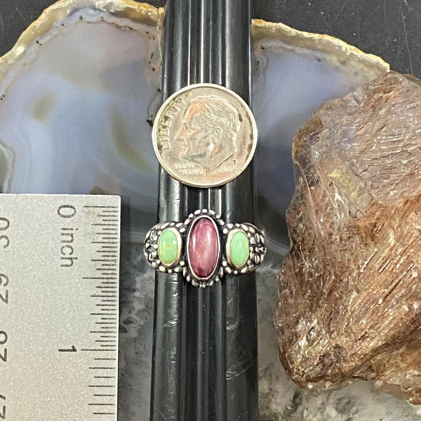 Carolyn Pollack Southwestern Style Sterling Silver Purple Spiny Oyster & Green Turquoise Ring For Women