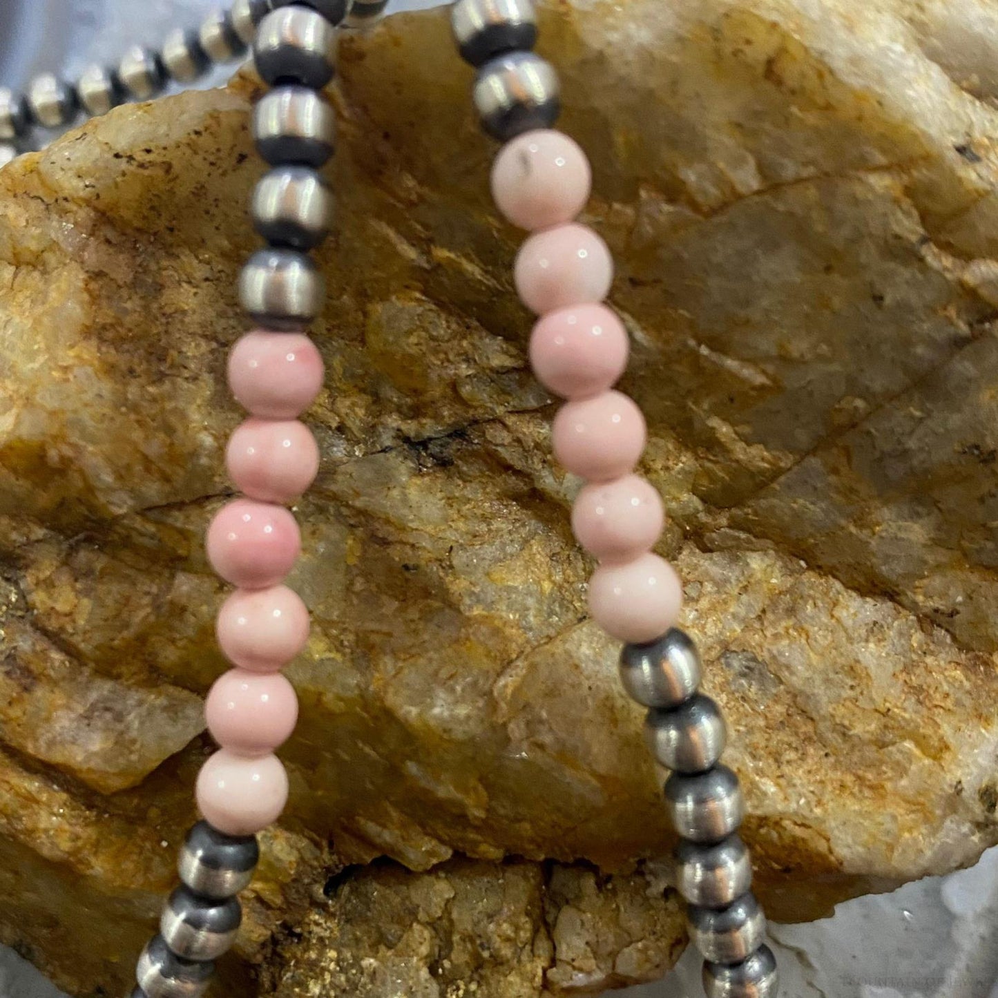 Native American Sterling 4mm Navajo Pearl 4.4mm Peruvian Opal Bead 16" Necklace