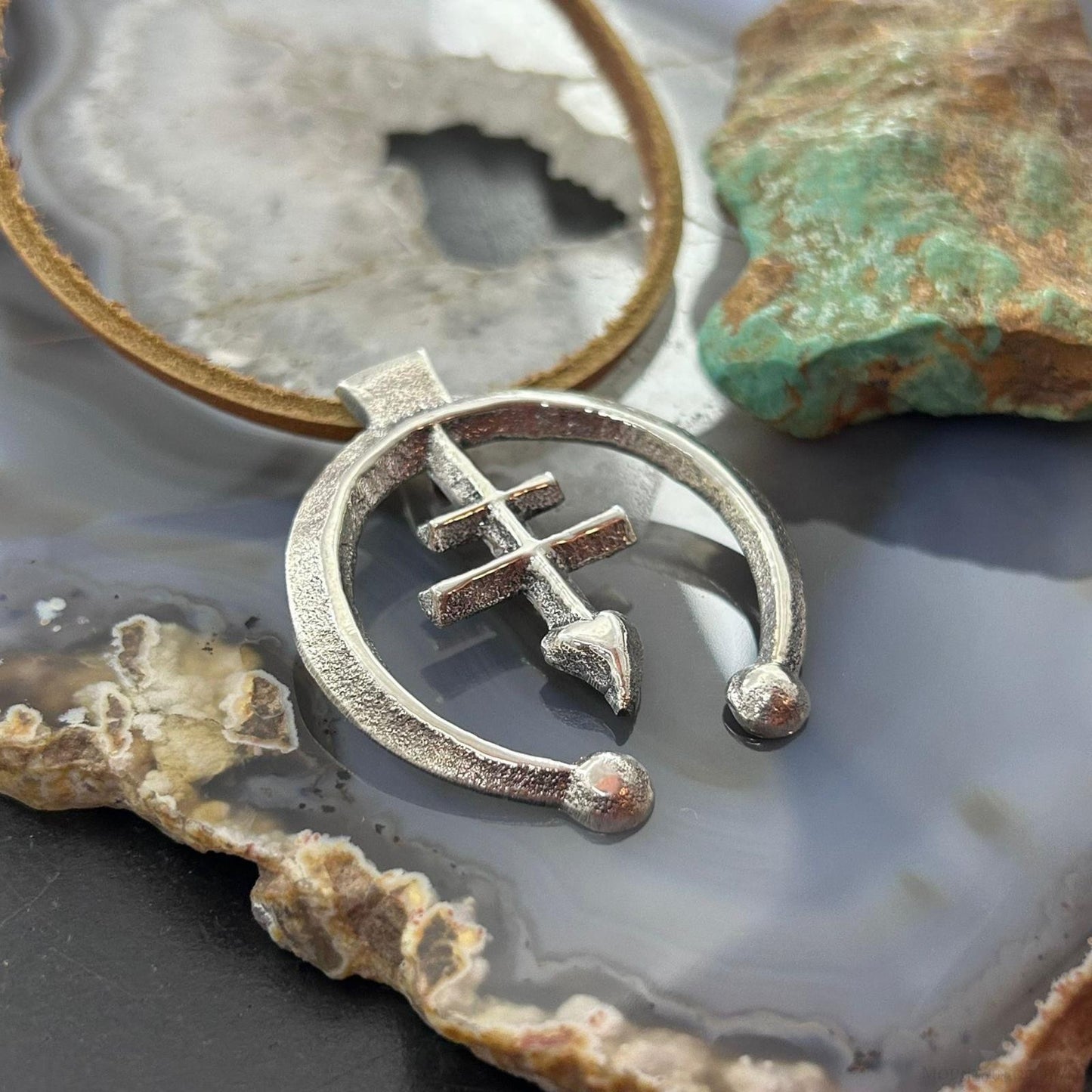 Gary Custer Sterling Silver Tufa Cast Cross Naja Unisex Pendant w/Leather Cord