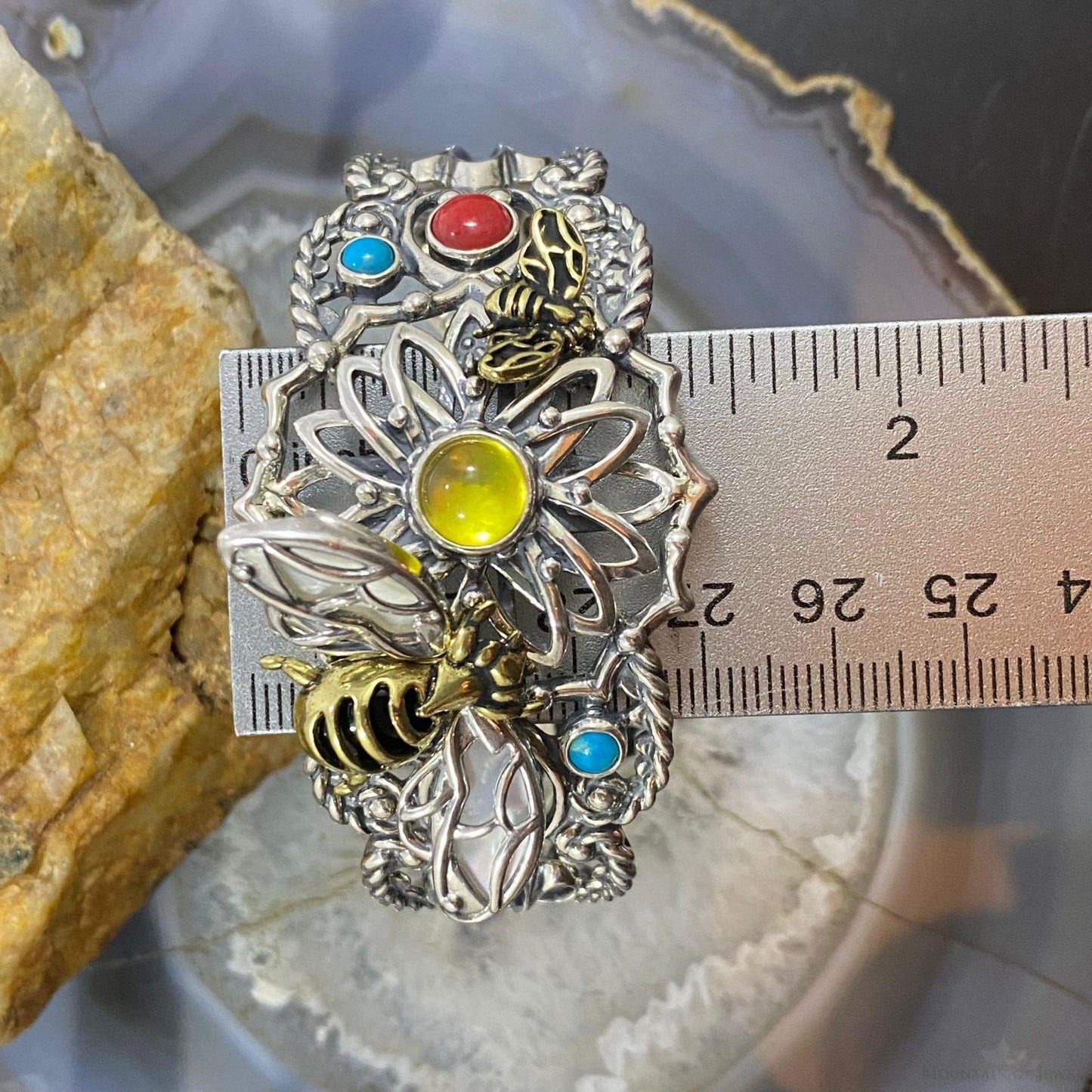 Fritz Casuse Vintage Sterling Silver & Brass Multi Gemstone Bee Bracelet For Women