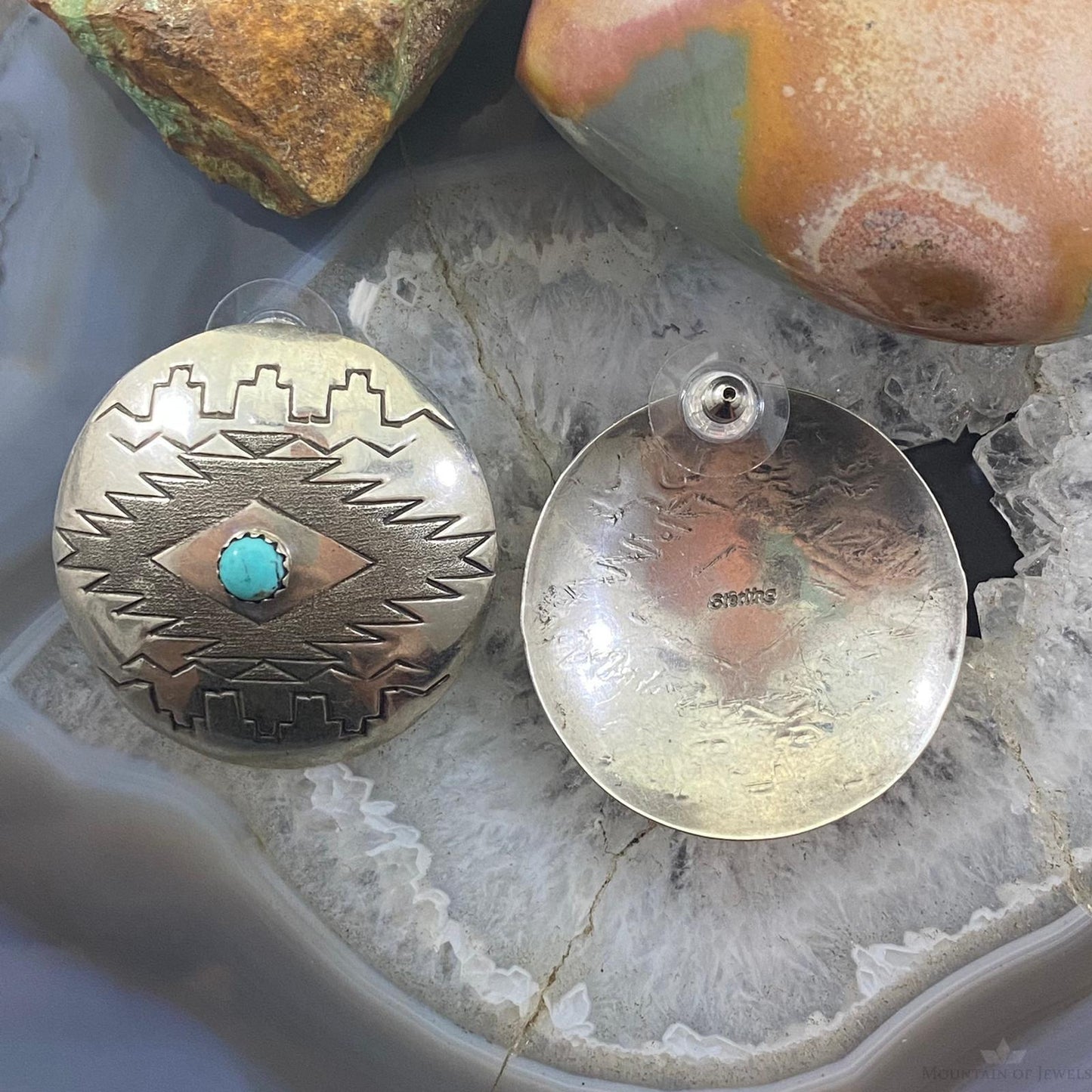 Vintage Native American Sterling Stamped Round Turquoise Stud Earrings For Women
