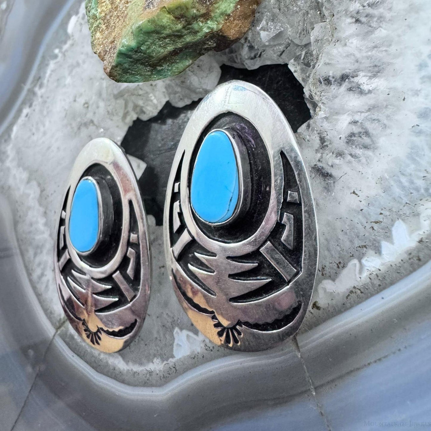 Abraham Begay Native American Sterling Silver Turquoise Overlay Post Earrings For Women