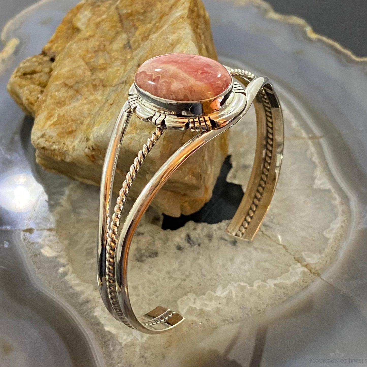 Abel Cone Sterling Silver Oval Rhodochrosite Decorated Bracelet For Women