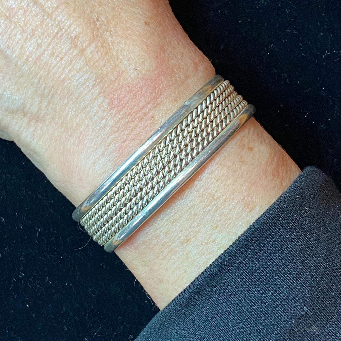 Vintage Native American Silver Rows Of Coils Flexible Bracelet For Women