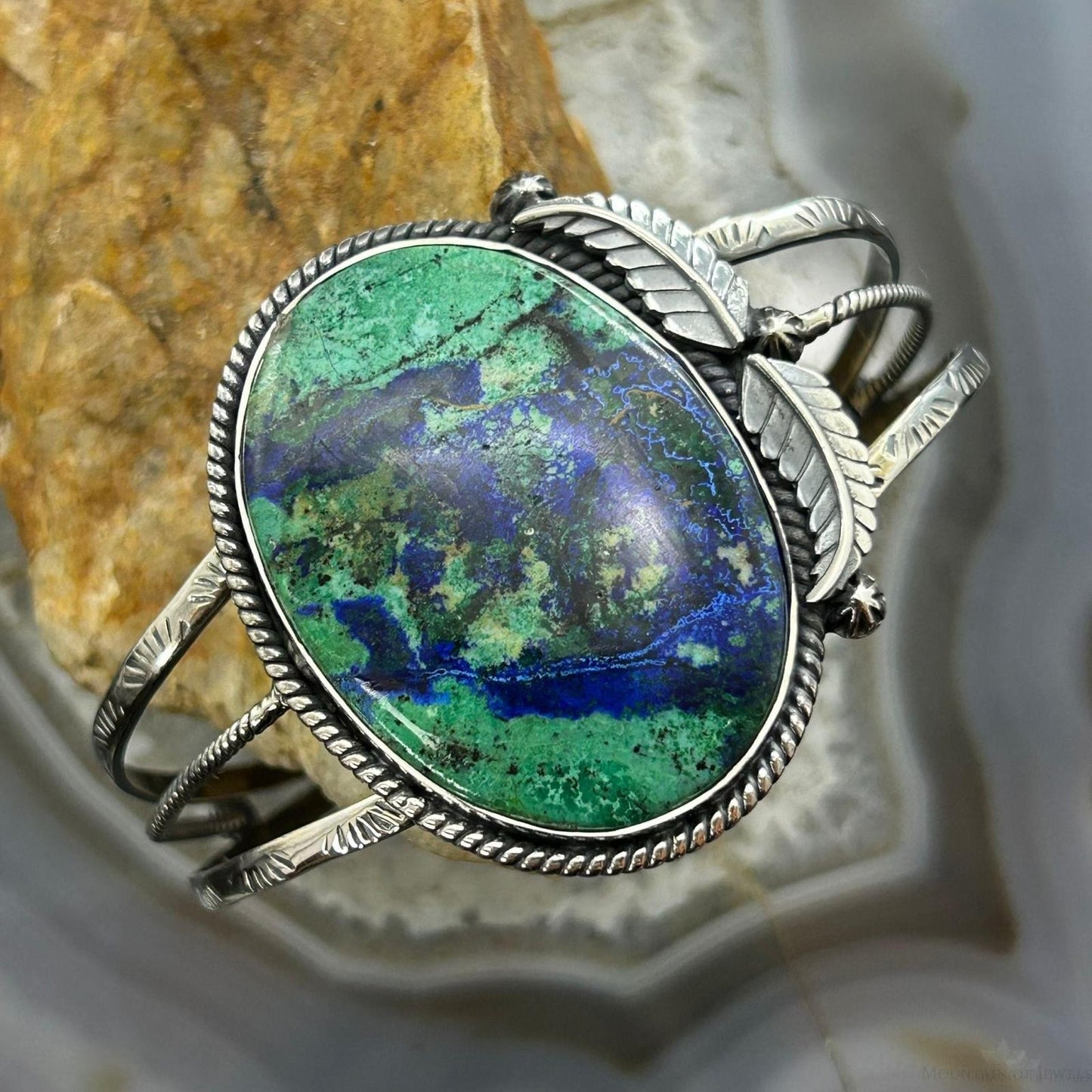 Sterling Silver Southwestern Style Oval Azurite Decorated Bracelet For Women