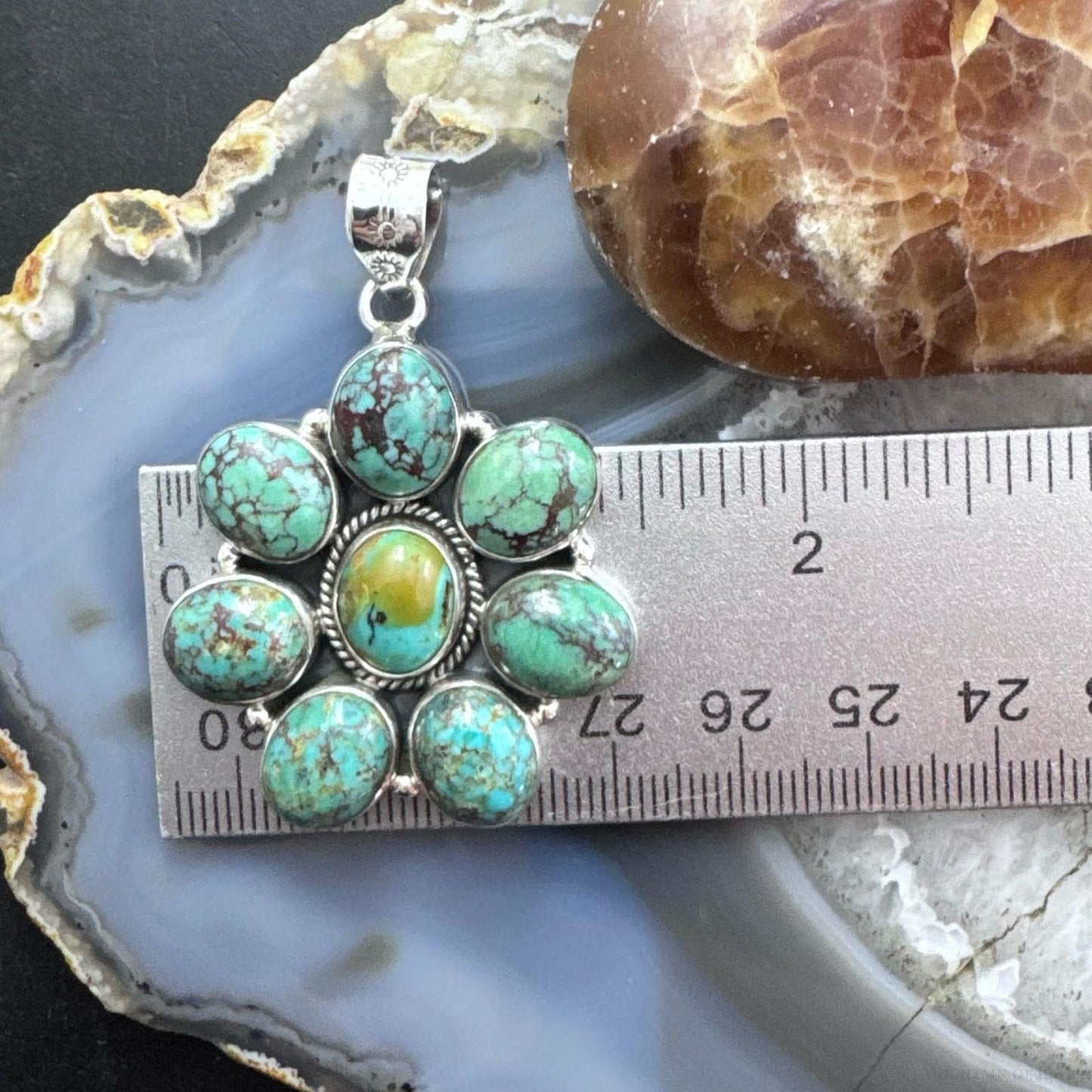 Sterling Silver Southwestern Style Oval Turquoise Cluster Pendant For Women