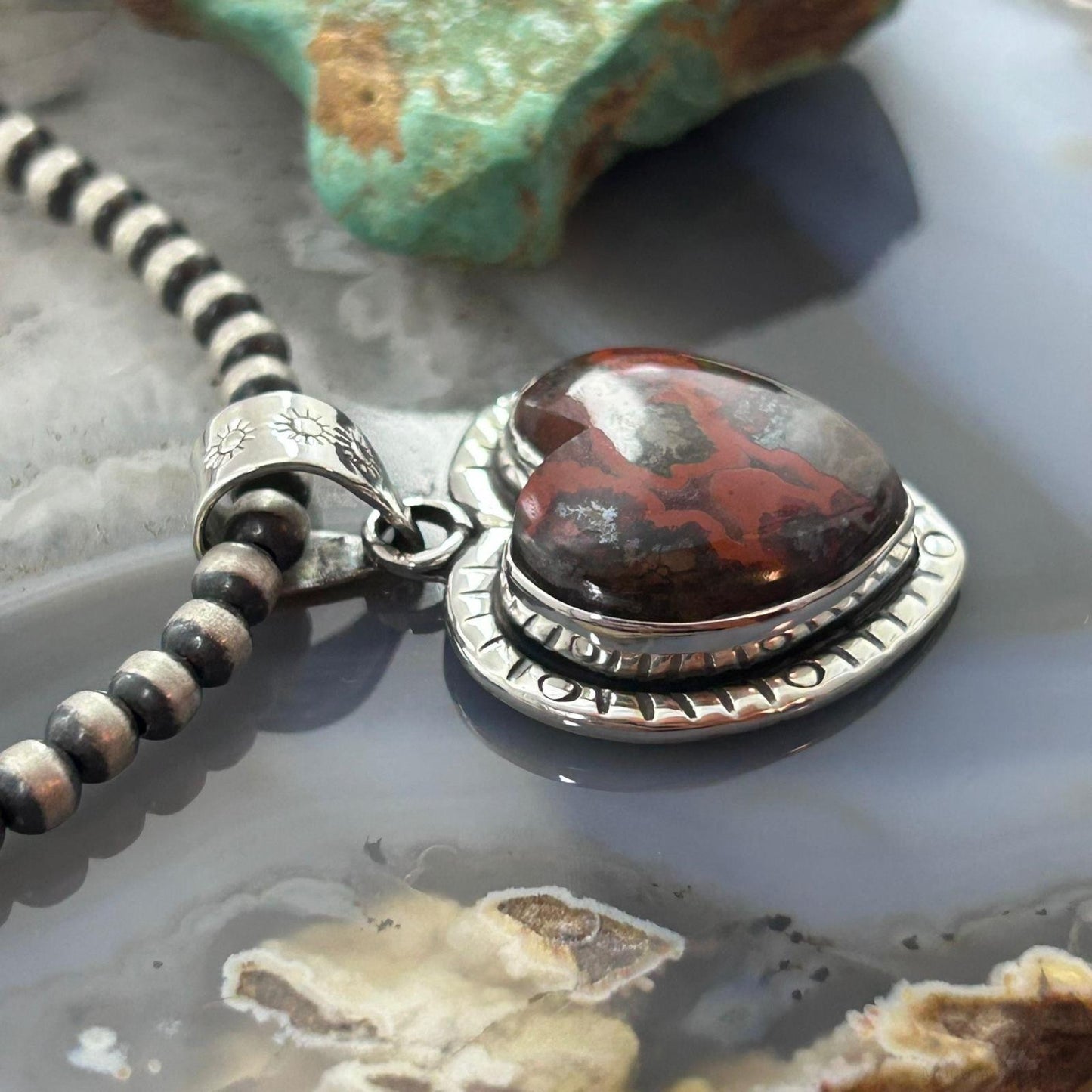 Sterling Silver Southwestern Style Seam Agate Decorated Heart Pendant For Women