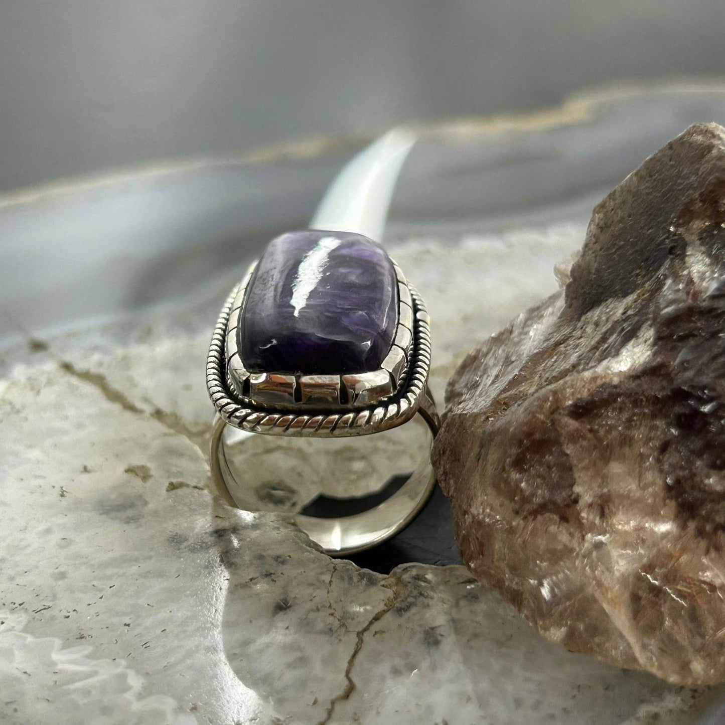 Sterling Silver Southwestern Style Rectangle Charoite Ring Size 6.25 For Women