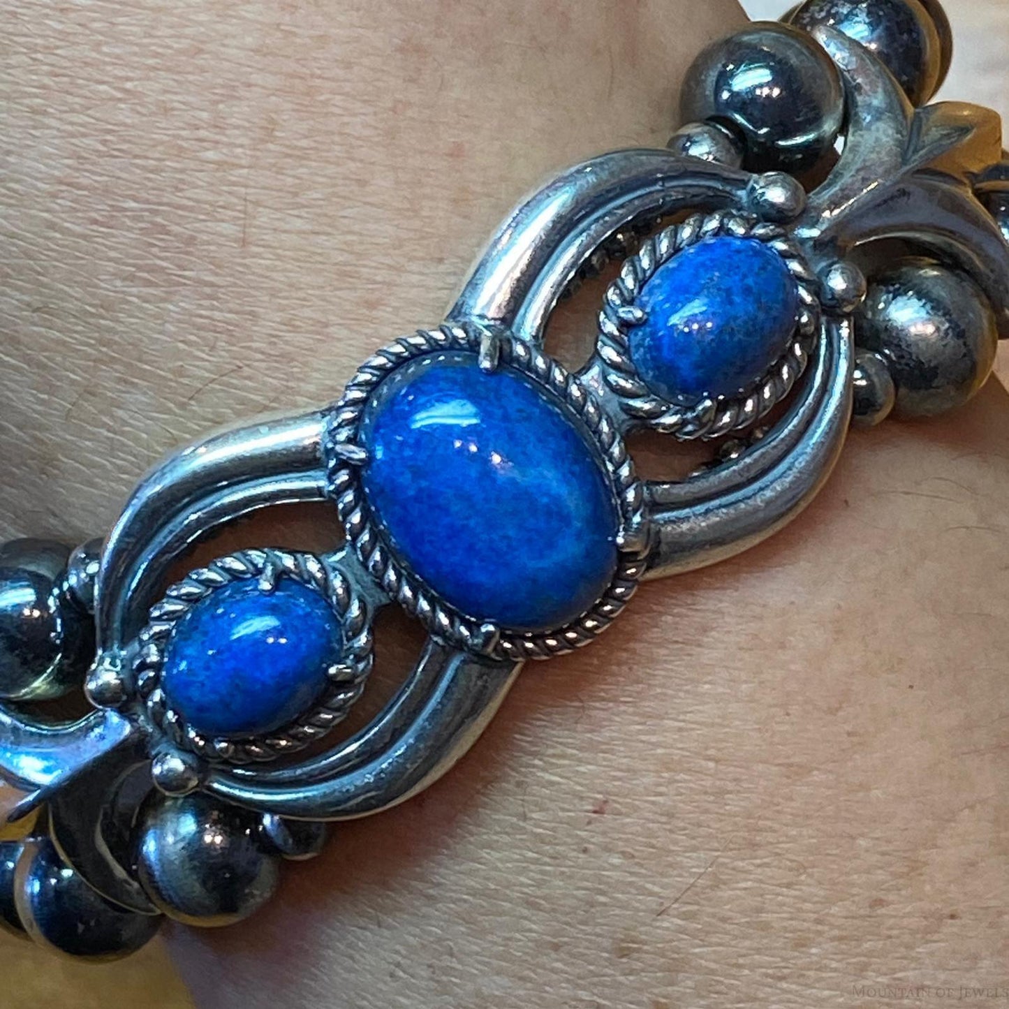 Carolyn Pollack Sterling Silver Navajo Pearl Bead 3 Denim Lapis Link Bracelet For Women