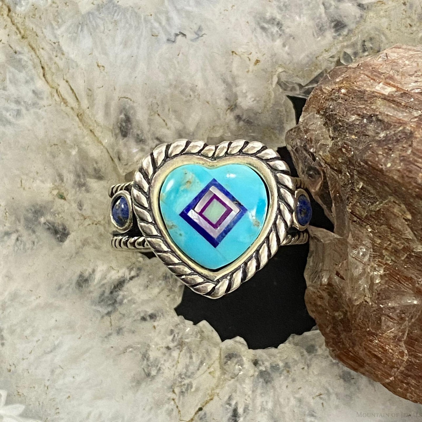 Carolyn Pollack Sterling Silver Turquoise Heart w/Inlay Decorated Ring Size 6, 8