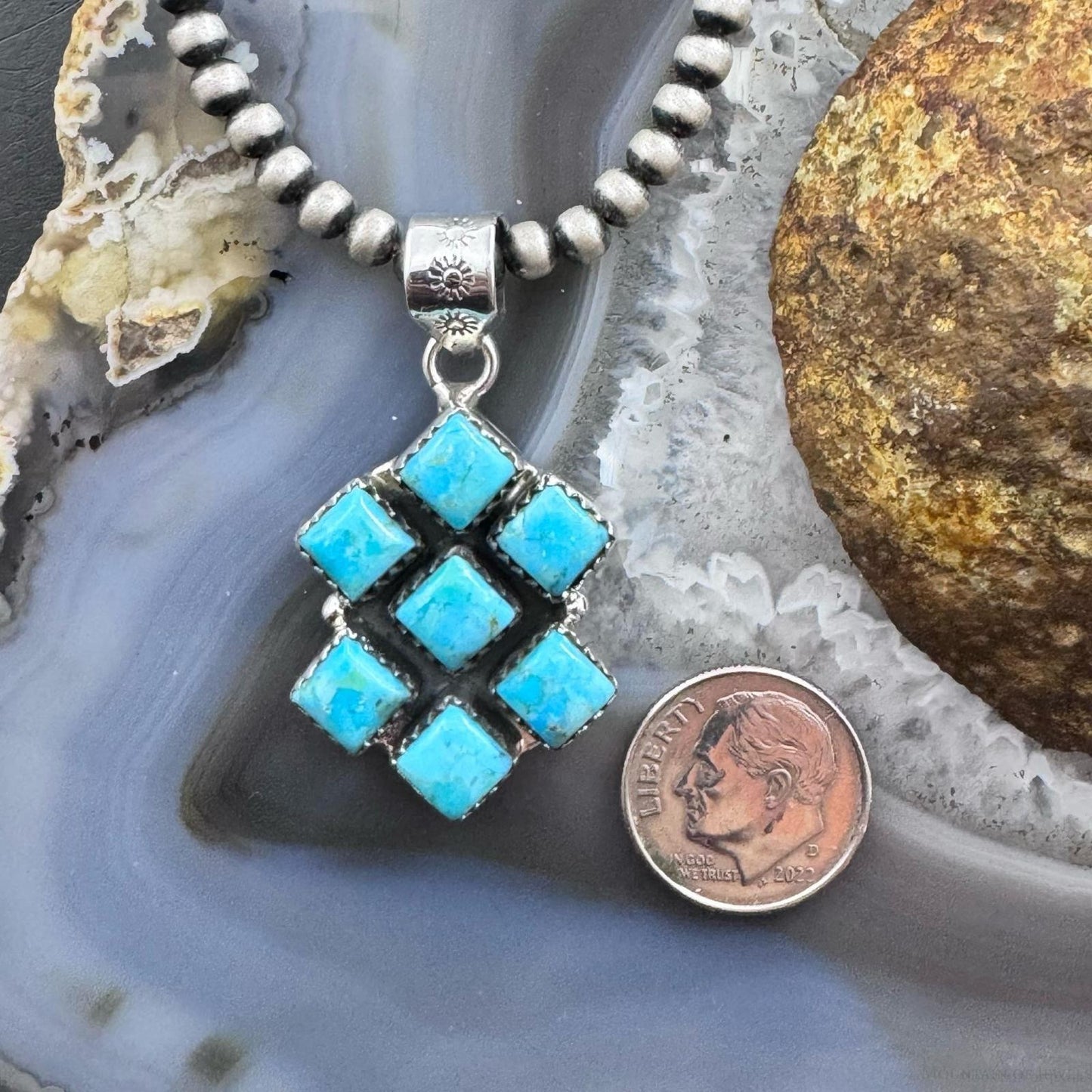 Sterling Silver Southwestern Style 7 SquareTurquoise Pendant For Women