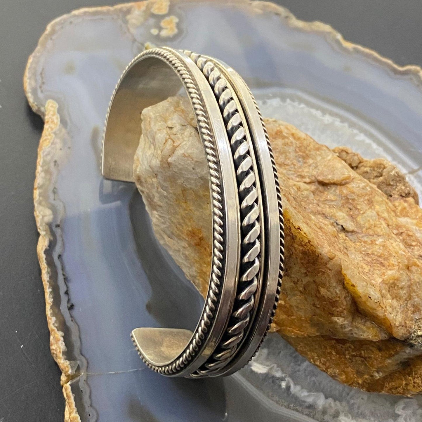 Tahe Vintage Native American Sterling Silver Stripes & Rope Bracelet For Men