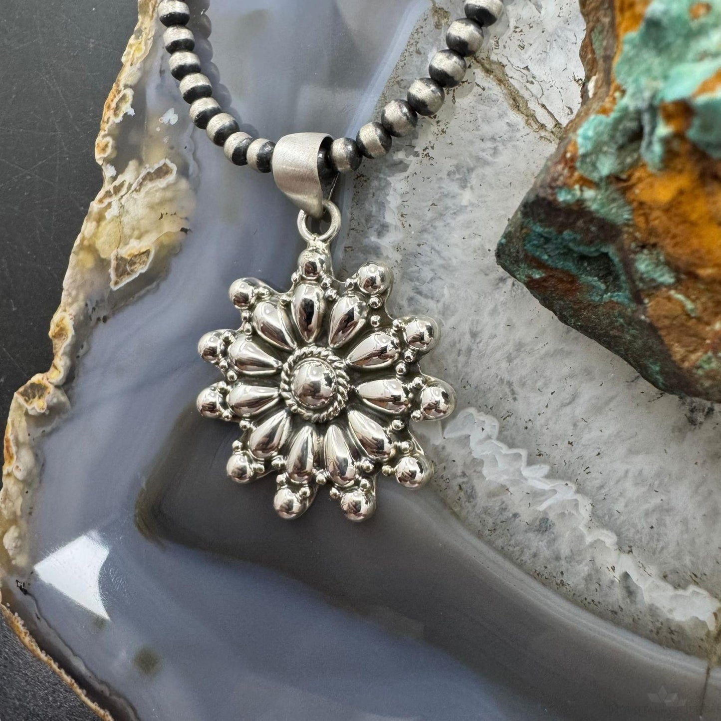 Southwestern Style Sterling Silver Decorated Cluster Floral Pendant For Women