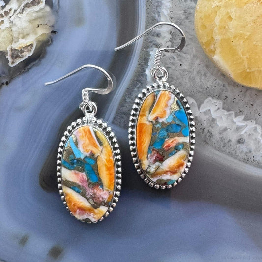 Sterling Silver Southwestern Style Oval Spiny & Turquoise Dangle Earrings For Women