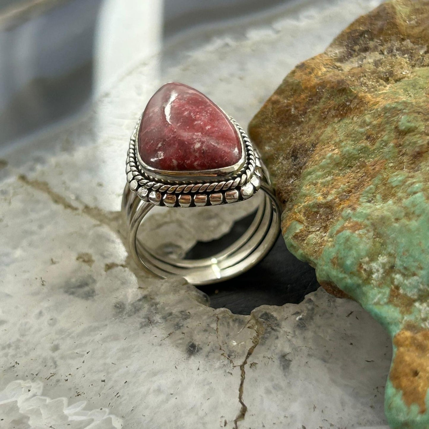 Sterling Silver Southwestern Style Triangle Thulite Split Shank Ring Size 8 For Women