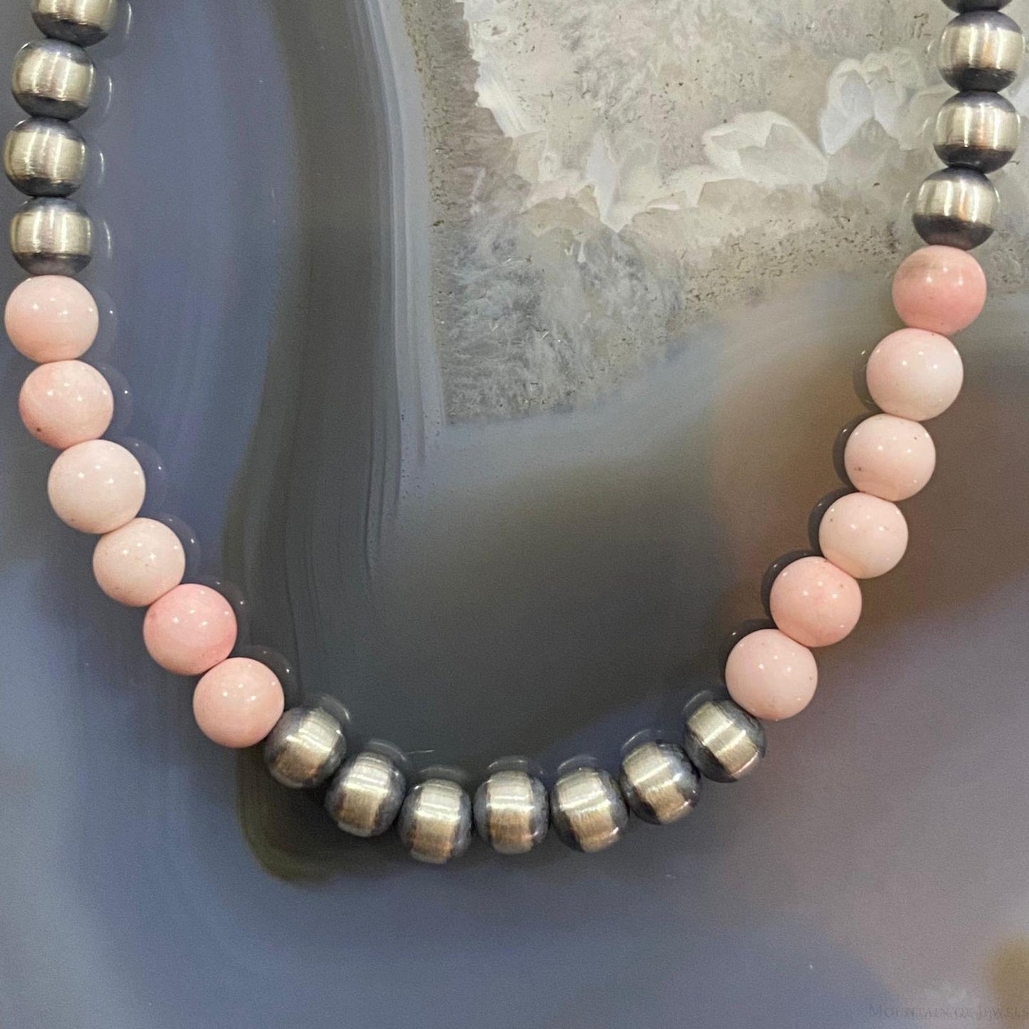Native American Sterling 4mm Navajo Pearl 4.4mm Peruvian Opal Bead 16" Necklace