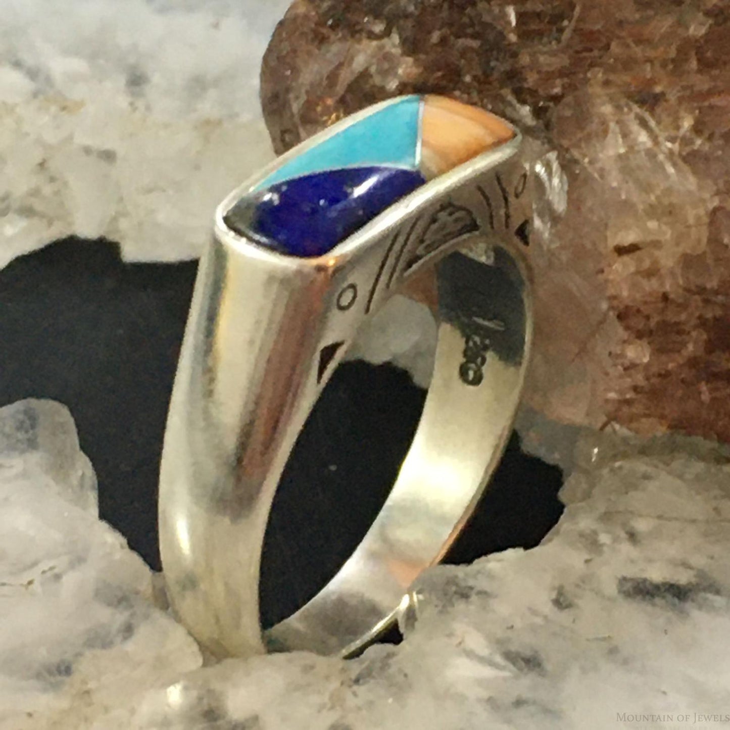 Carolyn Pollack Southwestern Style Sterling Silver Rectangle Multi-gemstone Inlay Ring For Women