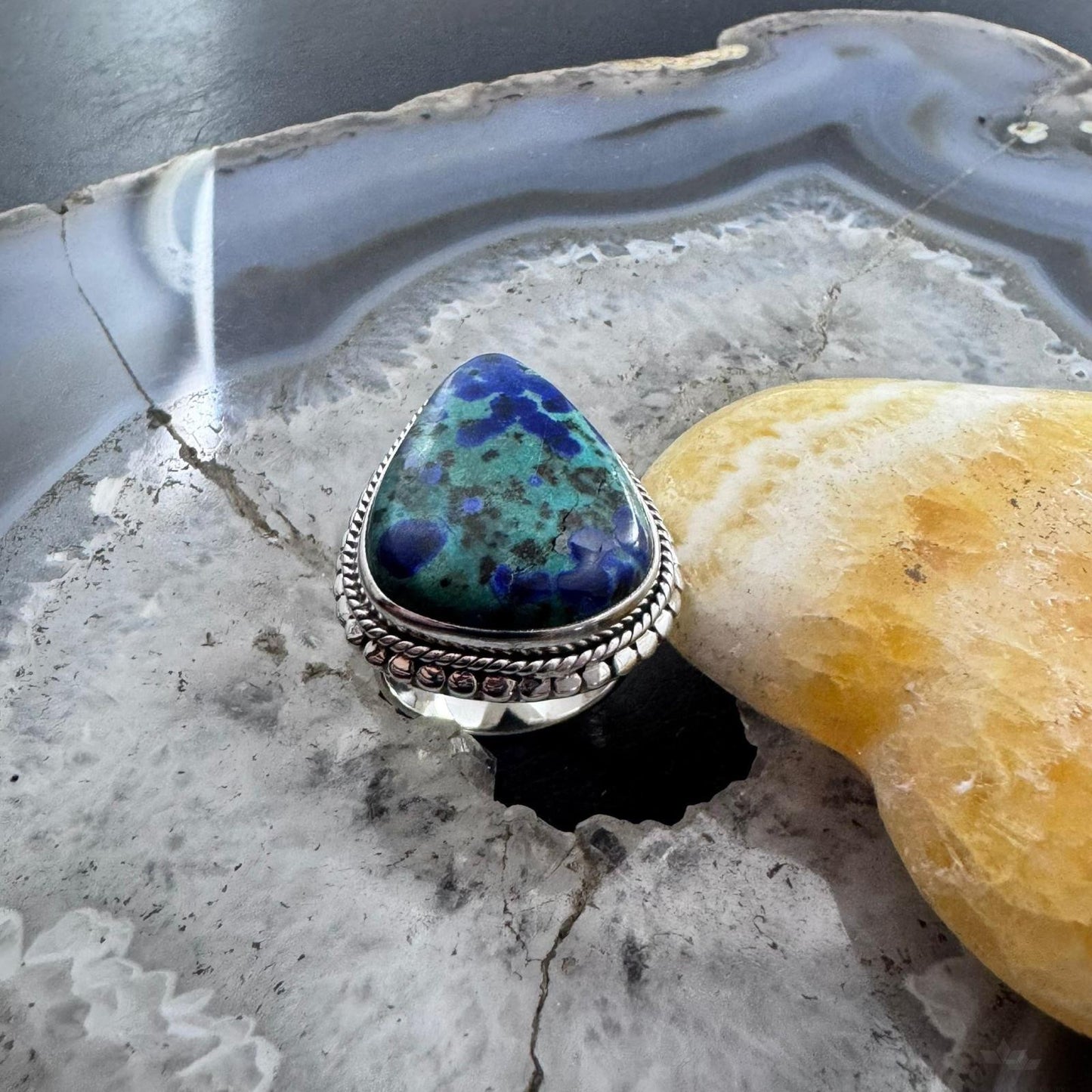 Sterling Silver Southwestern Style Large Teardrop Azurite Ring Size 6 For Women