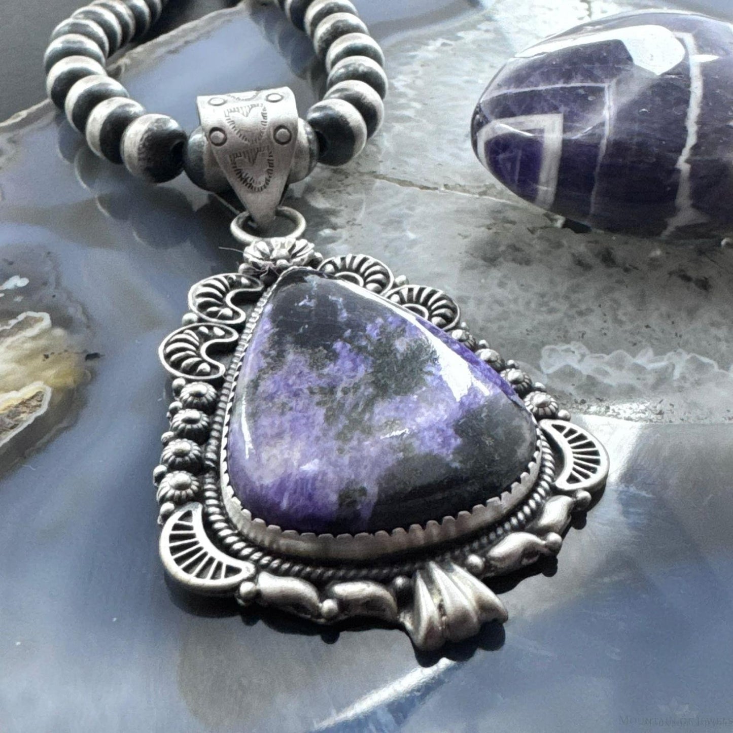 Sterling Silver Southwestern Style Elongated Teardrop Purple Charoite Pendant For Women