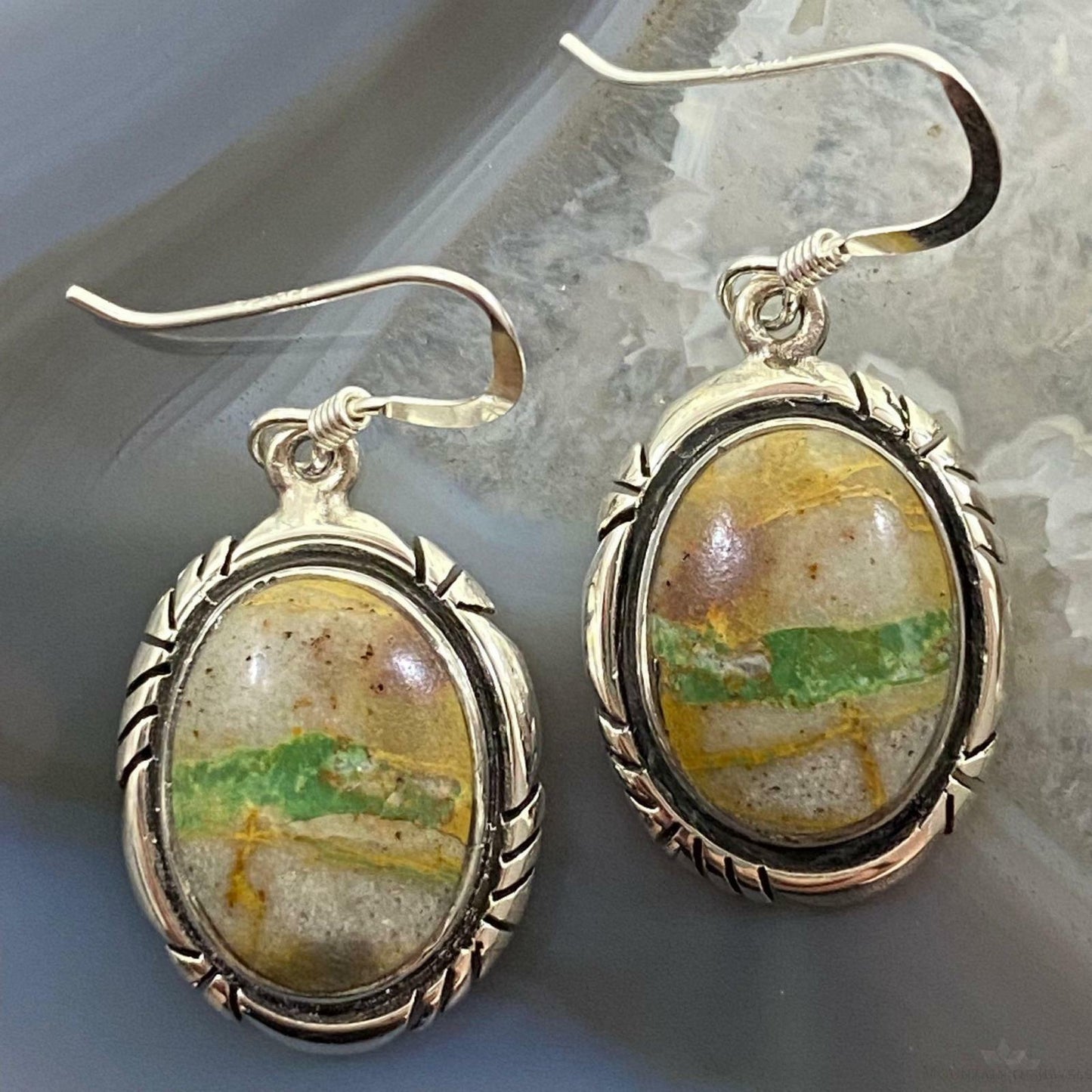 Native American Sterling Silver Oval Boulder Ribbon Turquoise Dangle Earrings